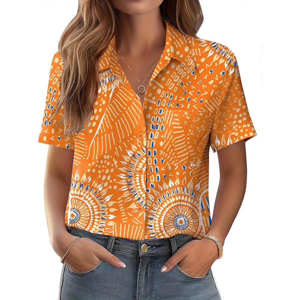 imageZeagoo Womens Button Down Shirt Bust Pocket Short Sleeve Blouses Business Casual Work Tops Summer OutfitsBoho Orange 294