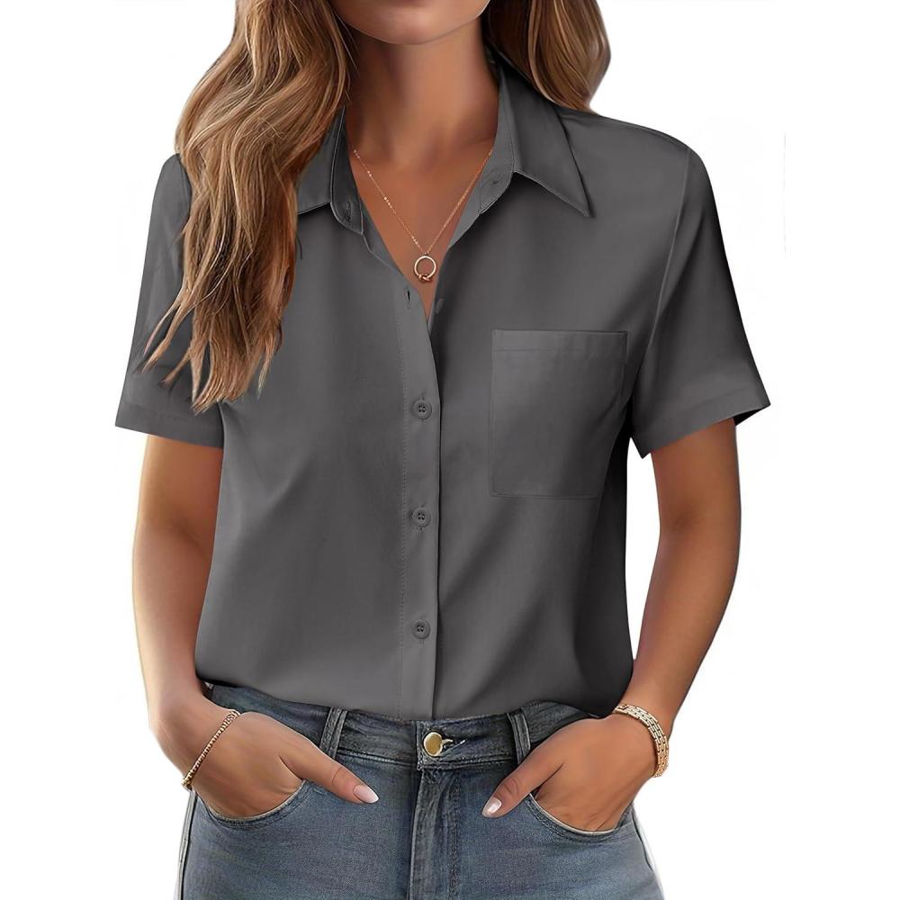 imageZeagoo Womens Button Down Shirt Bust Pocket Short Sleeve Blouses Business Casual Work Tops Summer OutfitsDark Grey