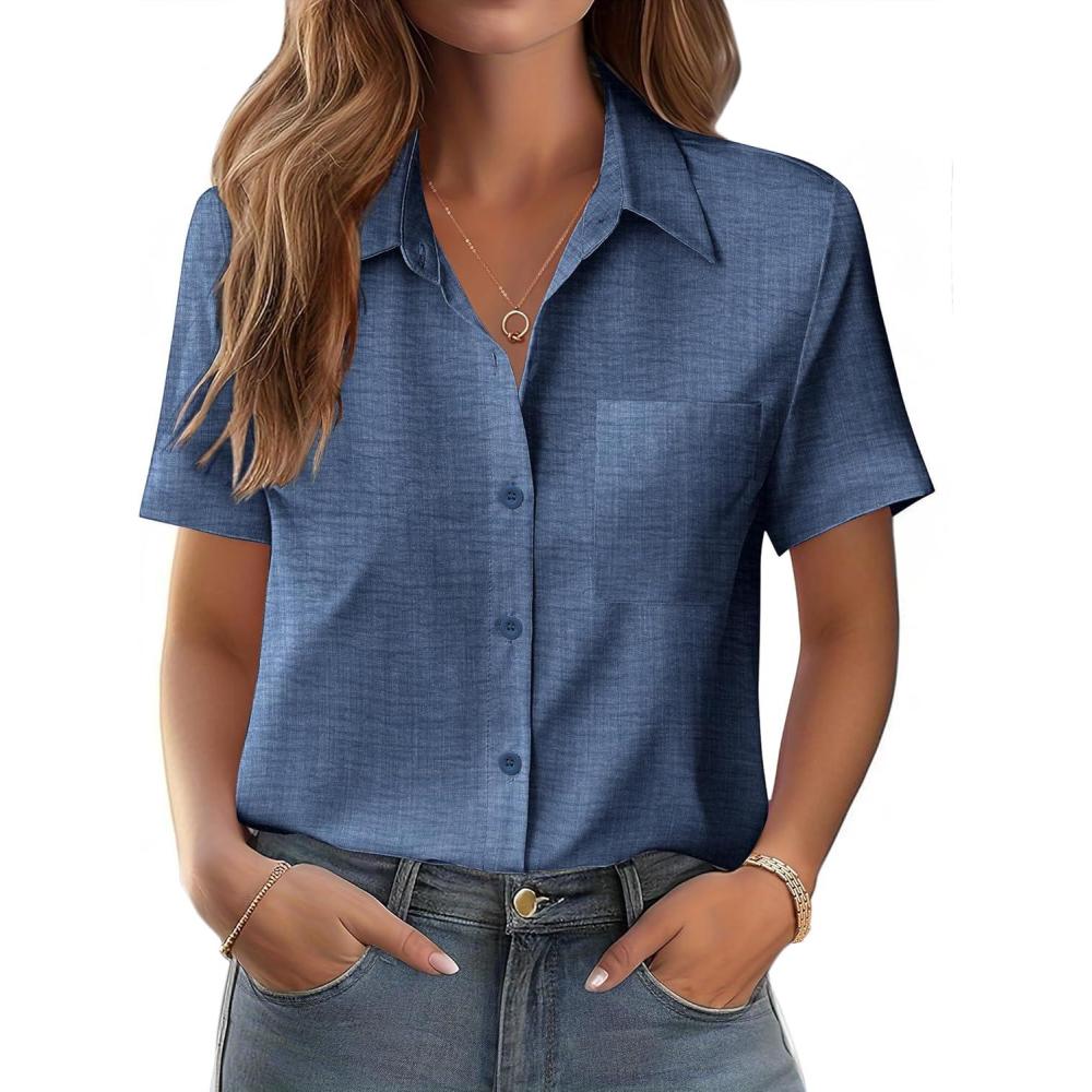 imageZeagoo Womens Button Down Shirt Bust Pocket Short Sleeve Blouses Business Casual Work Tops Summer OutfitsDenim Blue