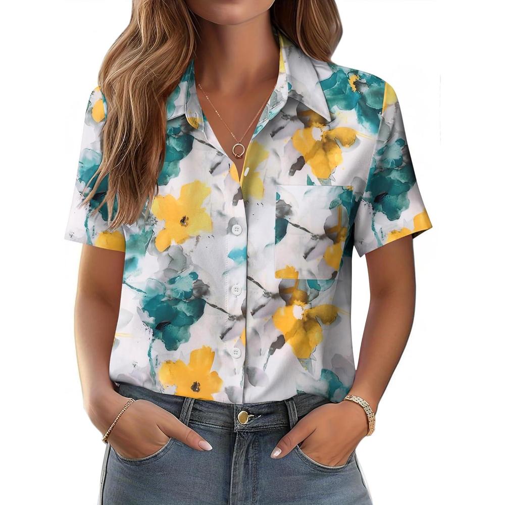 imageZeagoo Womens Button Down Shirt Bust Pocket Short Sleeve Blouses Business Casual Work Tops Summer OutfitsDh637