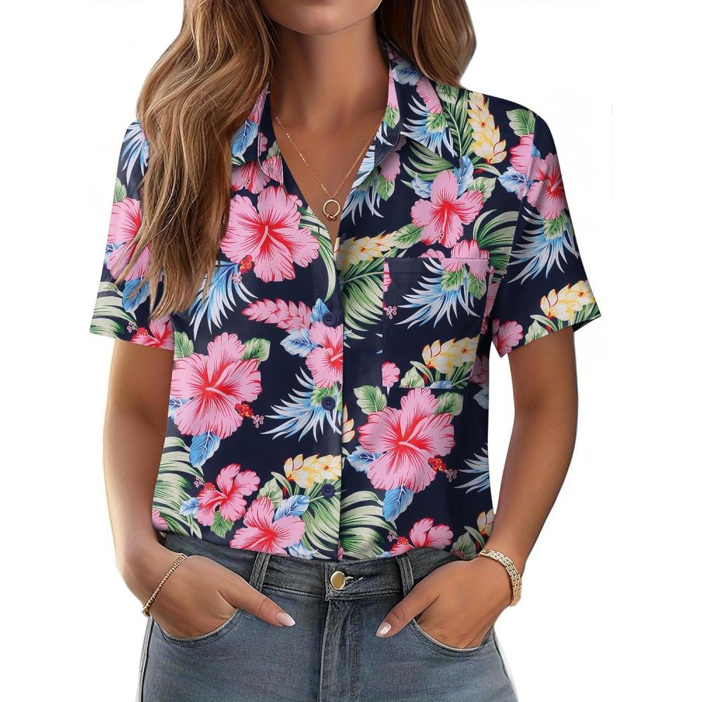 imageZeagoo Womens Button Down Shirt Bust Pocket Short Sleeve Blouses Business Casual Work Tops Summer OutfitsHf60