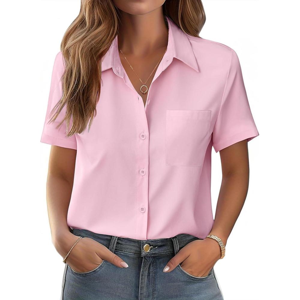 imageZeagoo Womens Button Down Shirt Bust Pocket Short Sleeve Blouses Business Casual Work Tops Summer OutfitsLight Pink