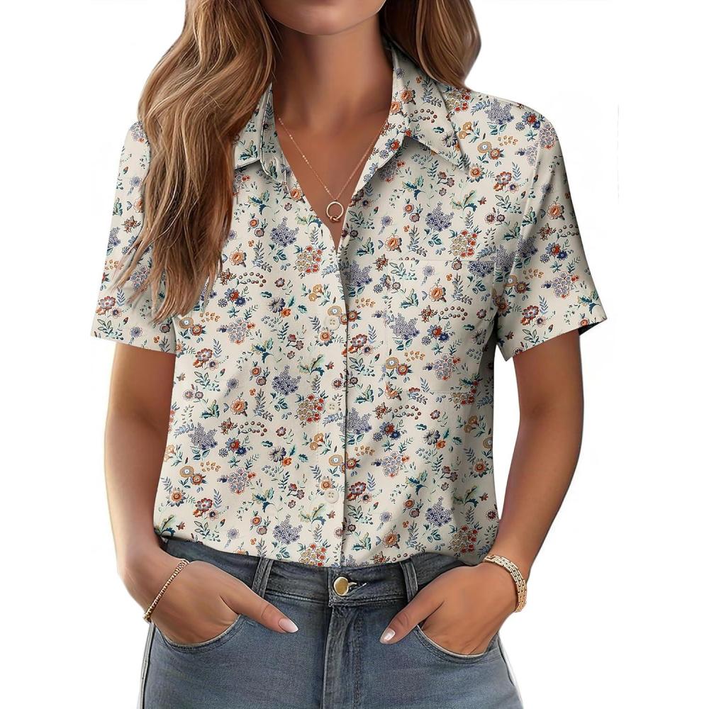 imageZeagoo Womens Button Down Shirt Bust Pocket Short Sleeve Blouses Business Casual Work Tops Summer OutfitsXh51