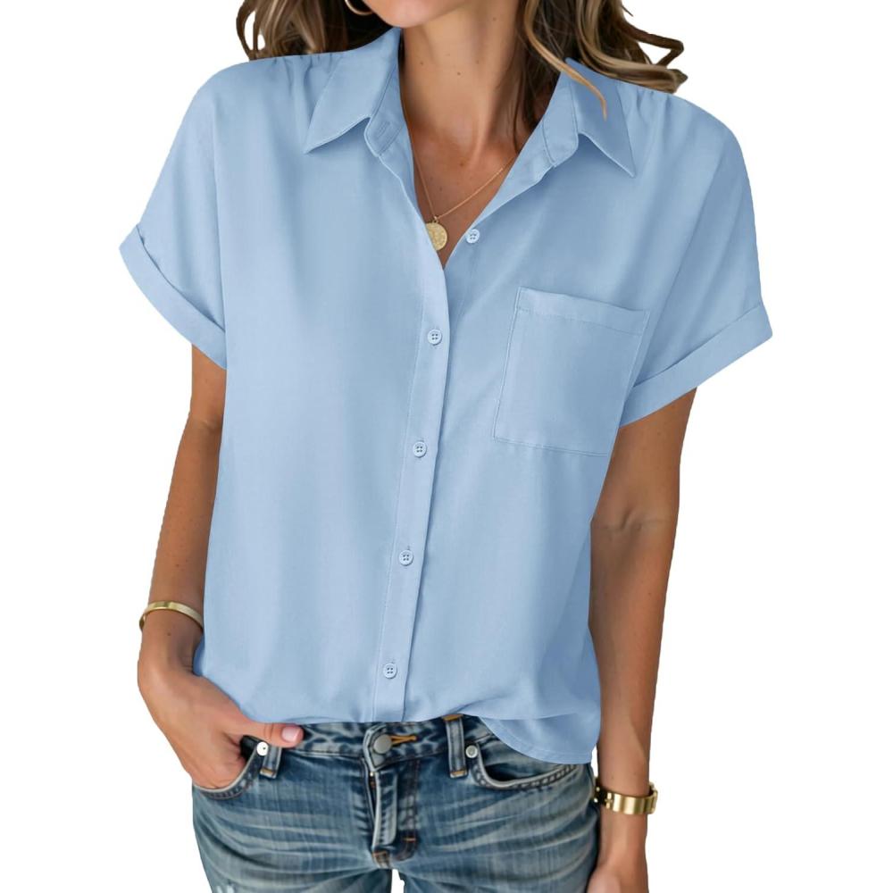imageZeagoo Womens Button Down Shirt Short Sleeve Blouse V Neck Dressy Casual Business Work Tops with Pocket SXXLBlue