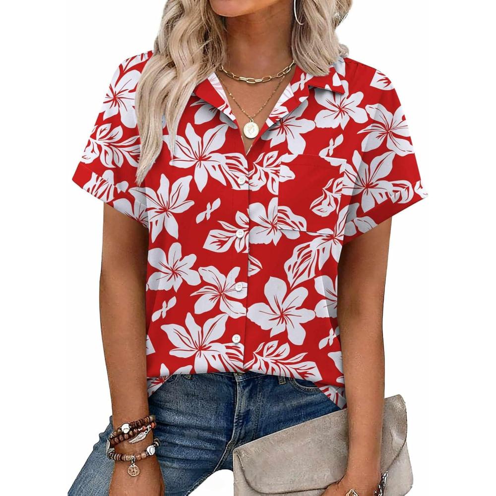 imageZeagoo Womens Button Down Shirt Short Sleeve Blouse V Neck Dressy Casual Business Work Tops with Pocket SXXLFloral Red