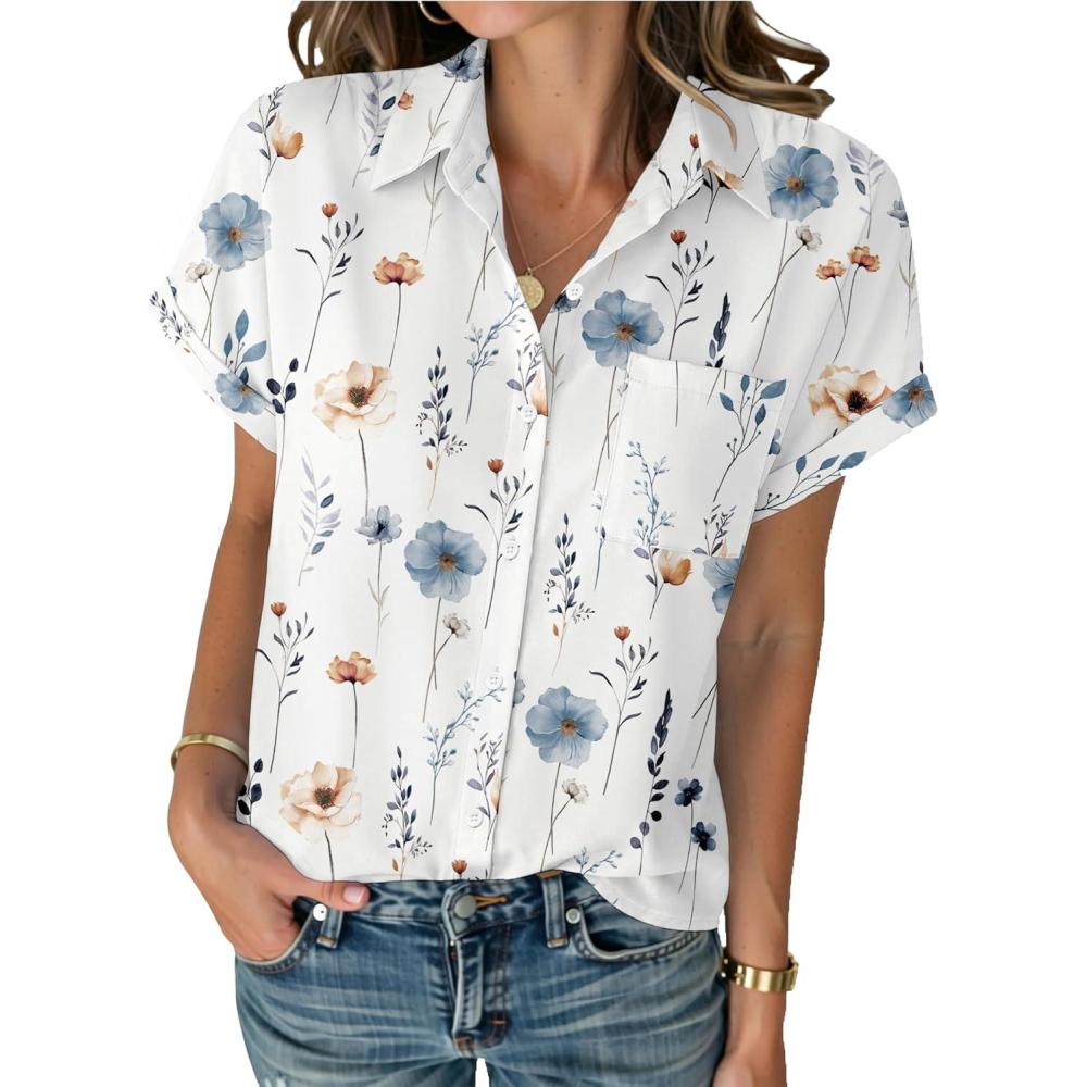 imageZeagoo Womens Button Down Shirt Short Sleeve Blouse V Neck Dressy Casual Business Work Tops with Pocket SXXLFloral White