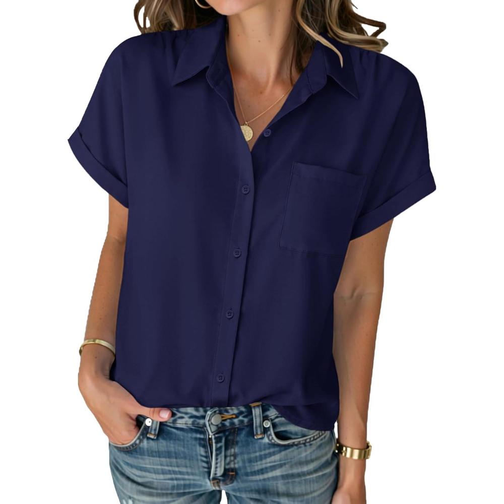 imageZeagoo Womens Button Down Shirt Short Sleeve Blouse V Neck Dressy Casual Business Work Tops with Pocket SXXLNavy Blue