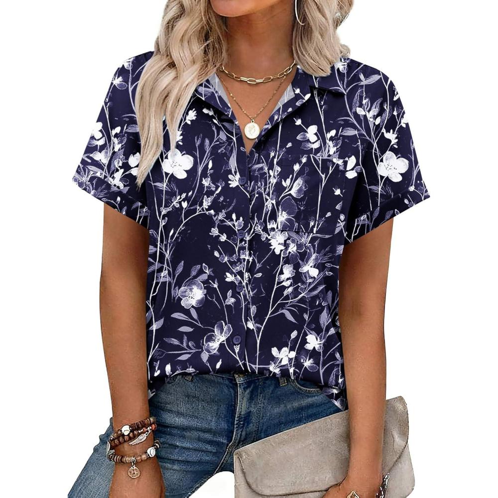 imageZeagoo Womens Button Down Shirt Short Sleeve Blouse V Neck Dressy Casual Business Work Tops with Pocket SXXLNavy Floral
