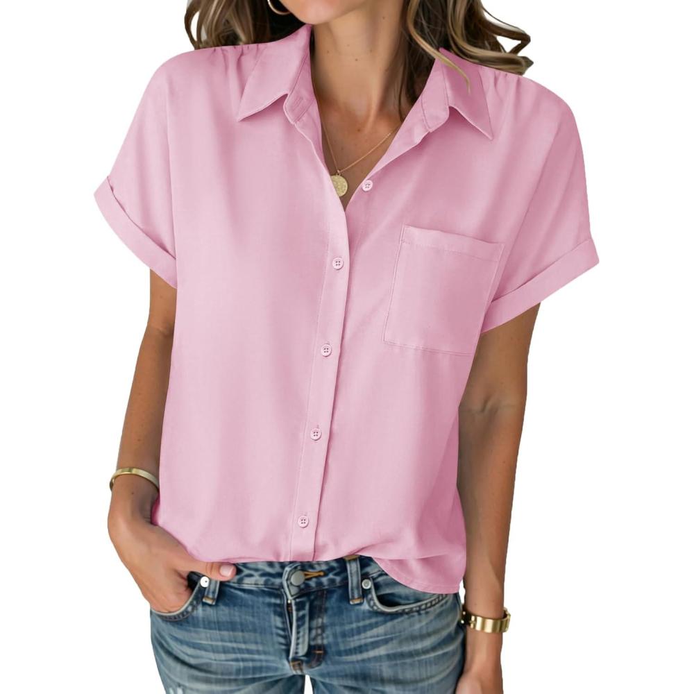 imageZeagoo Womens Button Down Shirt Short Sleeve Blouse V Neck Dressy Casual Business Work Tops with Pocket SXXLPink