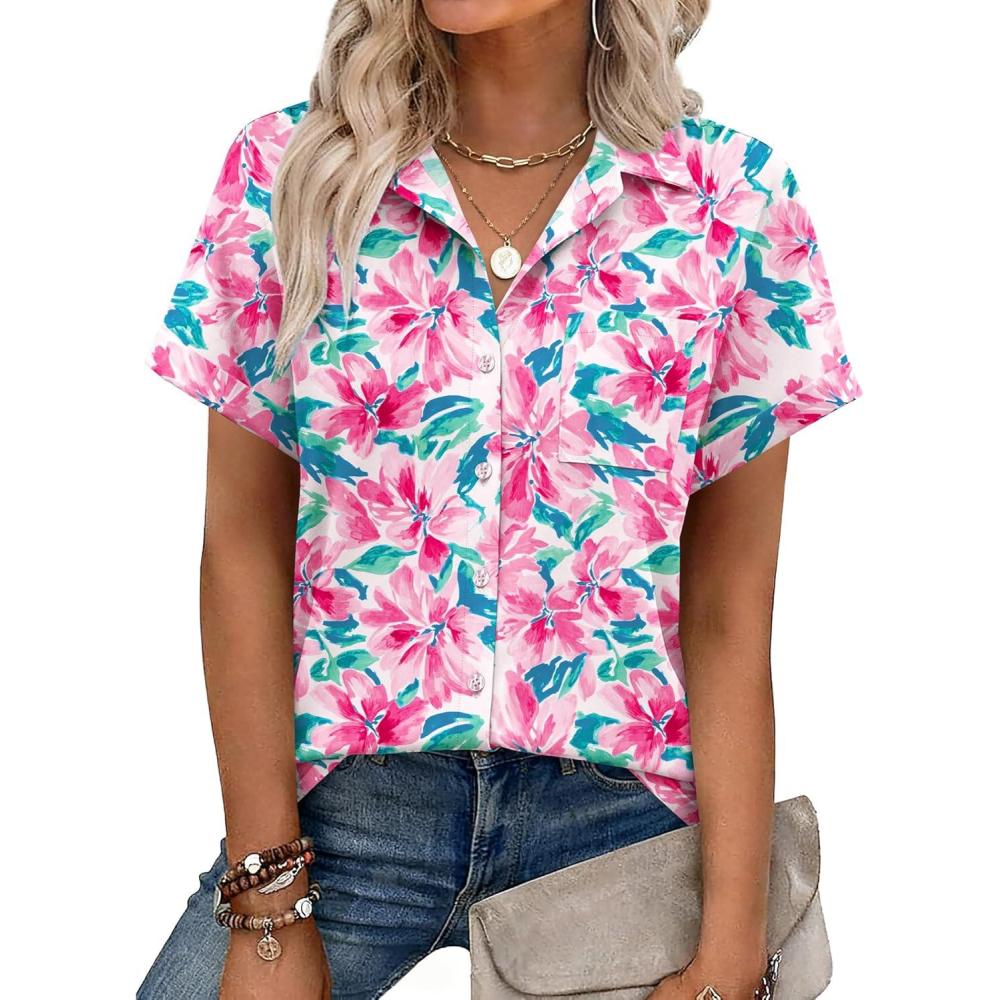 imageZeagoo Womens Button Down Shirt Short Sleeve Blouse V Neck Dressy Casual Business Work Tops with Pocket SXXLPink Floral