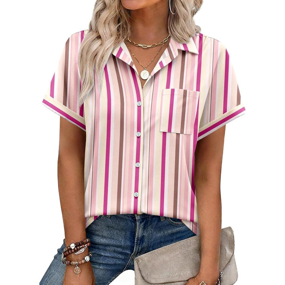 imageZeagoo Womens Button Down Shirt Short Sleeve Blouse V Neck Dressy Casual Business Work Tops with Pocket SXXLPink Stripes