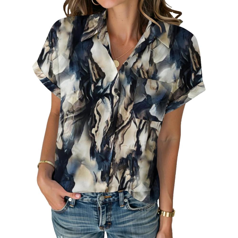 imageZeagoo Womens Button Down Shirt Short Sleeve Blouse V Neck Dressy Casual Business Work Tops with Pocket SXXLTie Dye