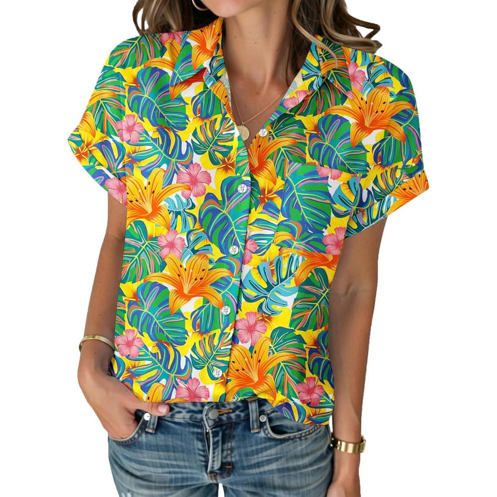 imageZeagoo Womens Button Down Shirt Short Sleeve Blouse V Neck Dressy Casual Business Work Tops with Pocket SXXLVibrant Tropical Plants