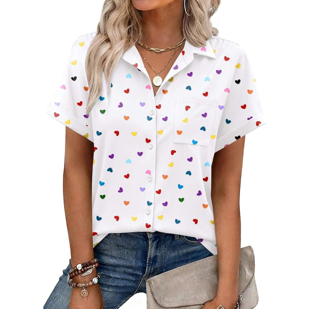 imageZeagoo Womens Button Down Shirt Short Sleeve Blouse V Neck Dressy Casual Business Work Tops with Pocket SXXLWhite Heart