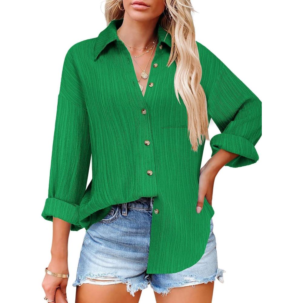 imageZeagoo Womens Button Down Shirts Casual Long Sleeve Blouses V Neck Dress Shirt Textured Collared Work Tops with PocketGreen