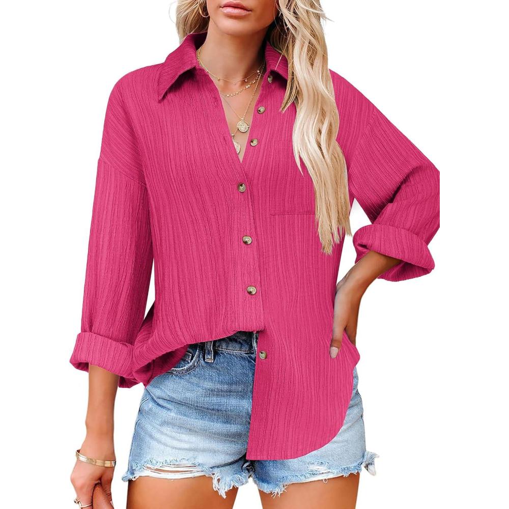 imageZeagoo Womens Button Down Shirts Casual Long Sleeve Blouses V Neck Dress Shirt Textured Collared Work Tops with PocketHot Pink