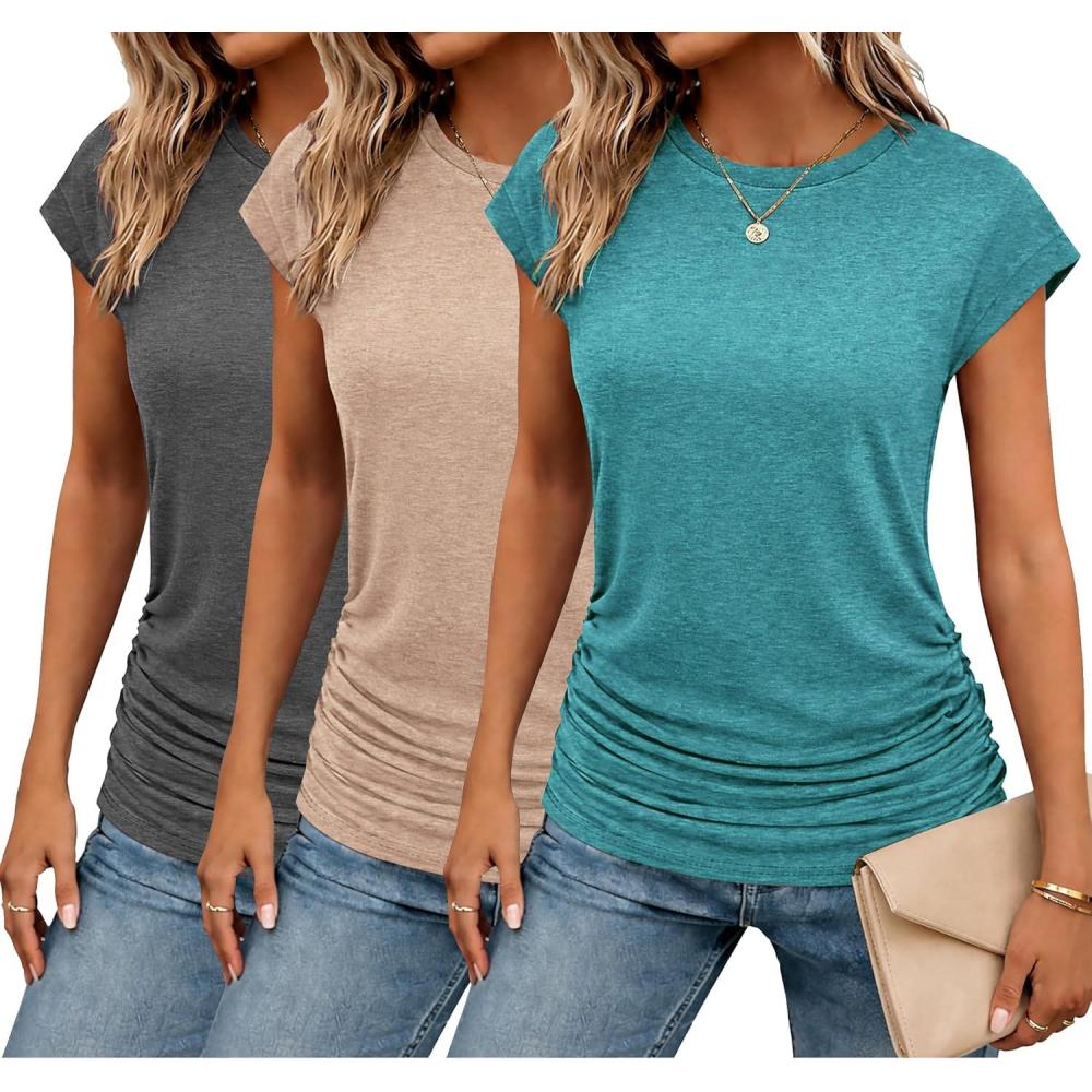 imageZeagoo Womens Cap Short Sleeve TShirts Ruched Crew Neck Trendy Fashion Tunic Blouse3pcs Khaki Dark Gray Blue Green
