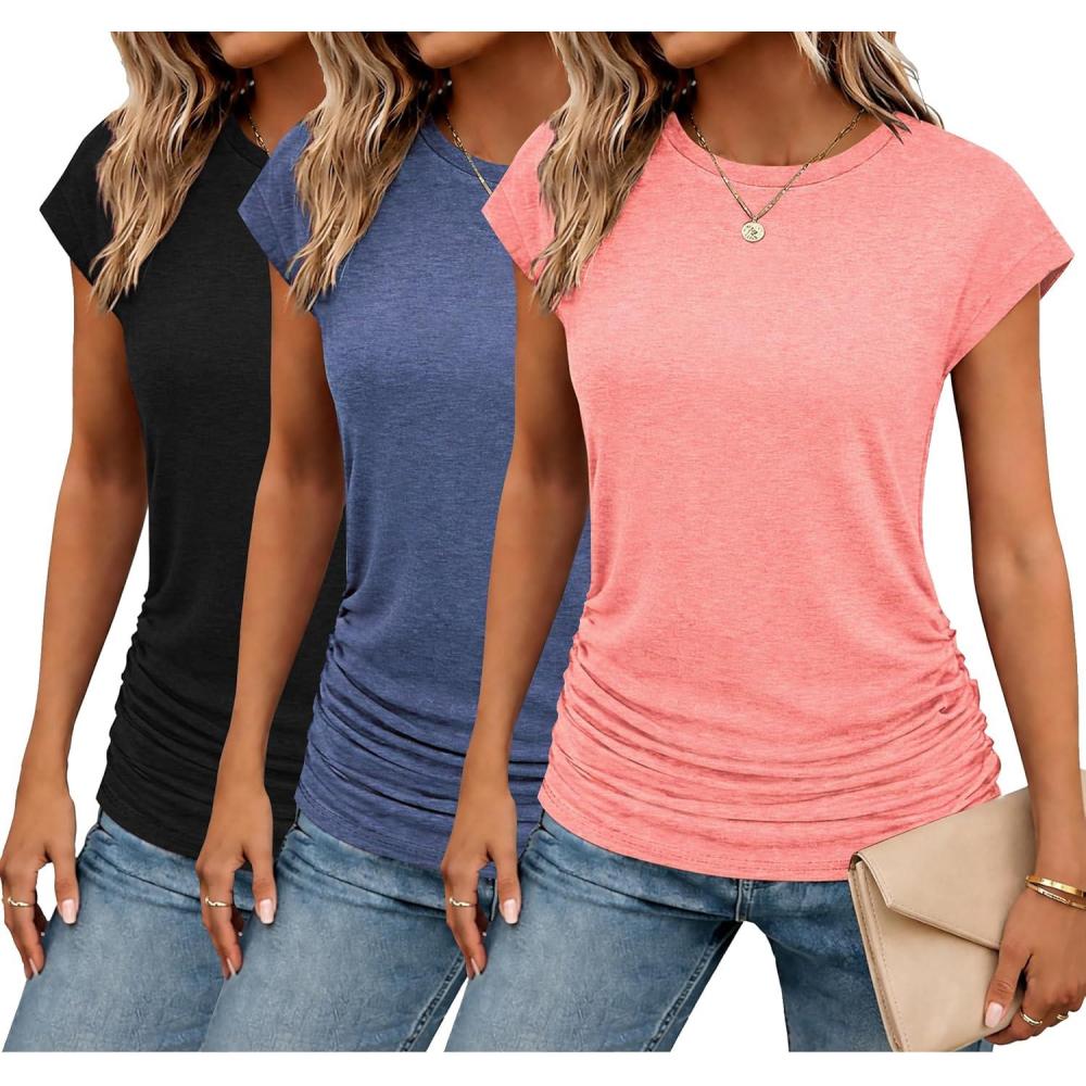 imageZeagoo Womens Cap Short Sleeve TShirts Ruched Crew Neck Trendy Fashion Tunic Blouse3pcs Xtangerine Navy Blue Black