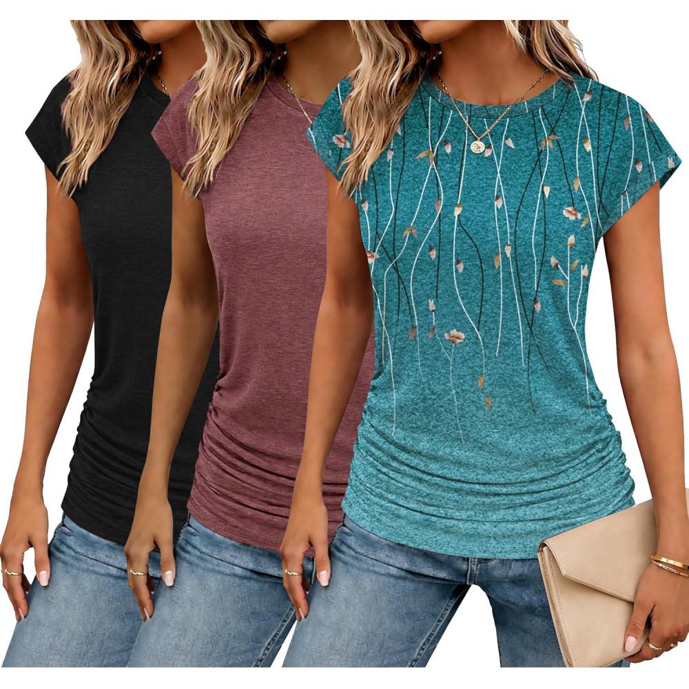 imageZeagoo Womens Cap Short Sleeve TShirts Ruched Crew Neck Trendy Fashion Tunic Blouse3pcs Yflower Blue Dark Red Black