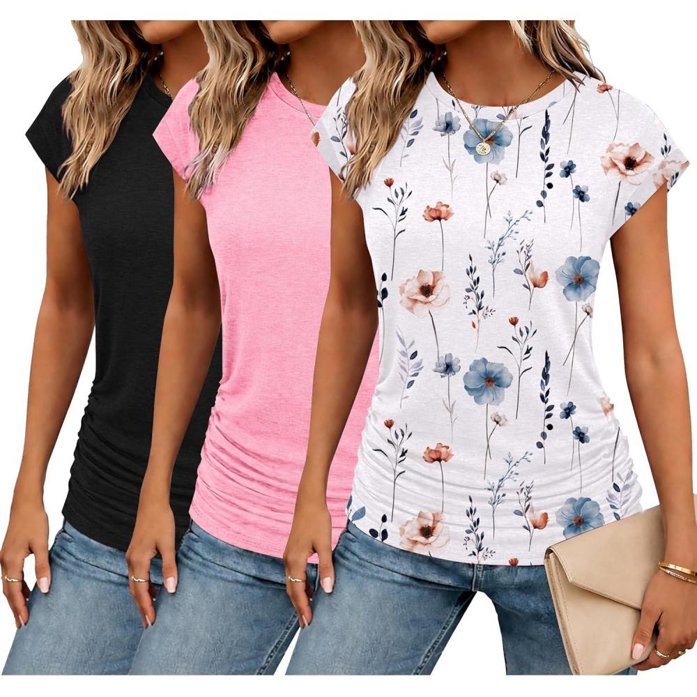 imageZeagoo Womens Cap Short Sleeve TShirts Ruched Crew Neck Trendy Fashion Tunic Blouse3pcs Yflower White Pink Black