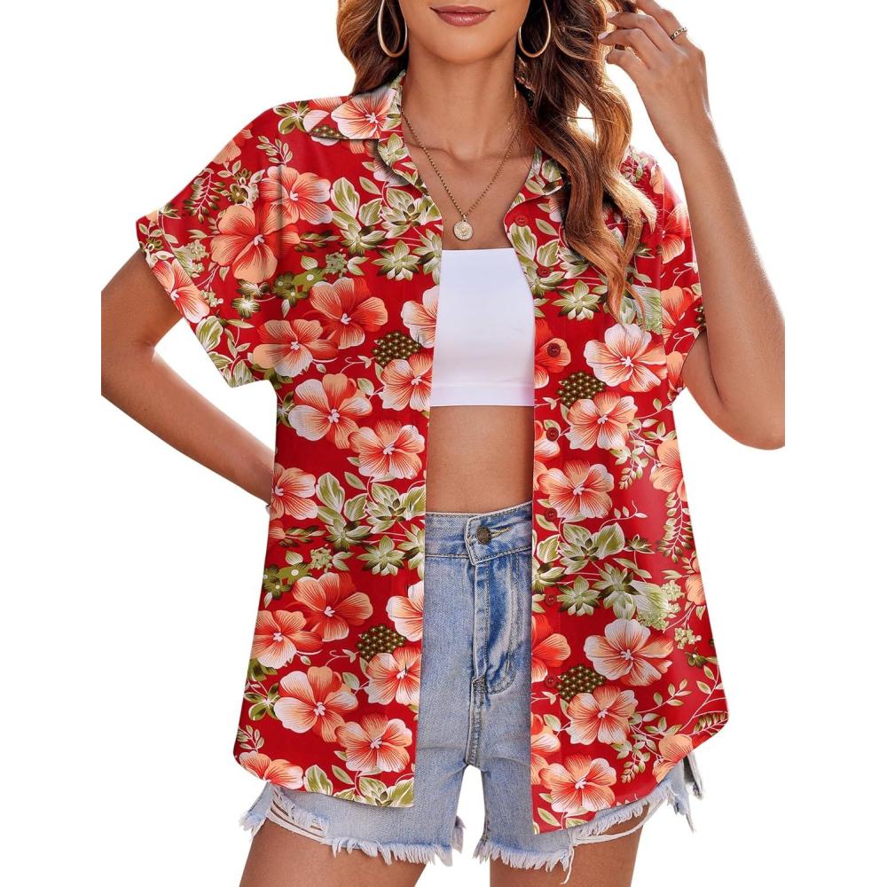 imageZeagoo Womens Hawaiian Button Down Shirts Casual Short Sleeve Floral Tropical Print Summer Blouse Tunic TopDh672