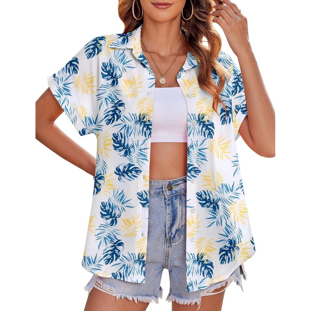 imageZeagoo Womens Hawaiian Button Down Shirts Casual Short Sleeve Floral Tropical Print Summer Blouse Tunic TopZw37