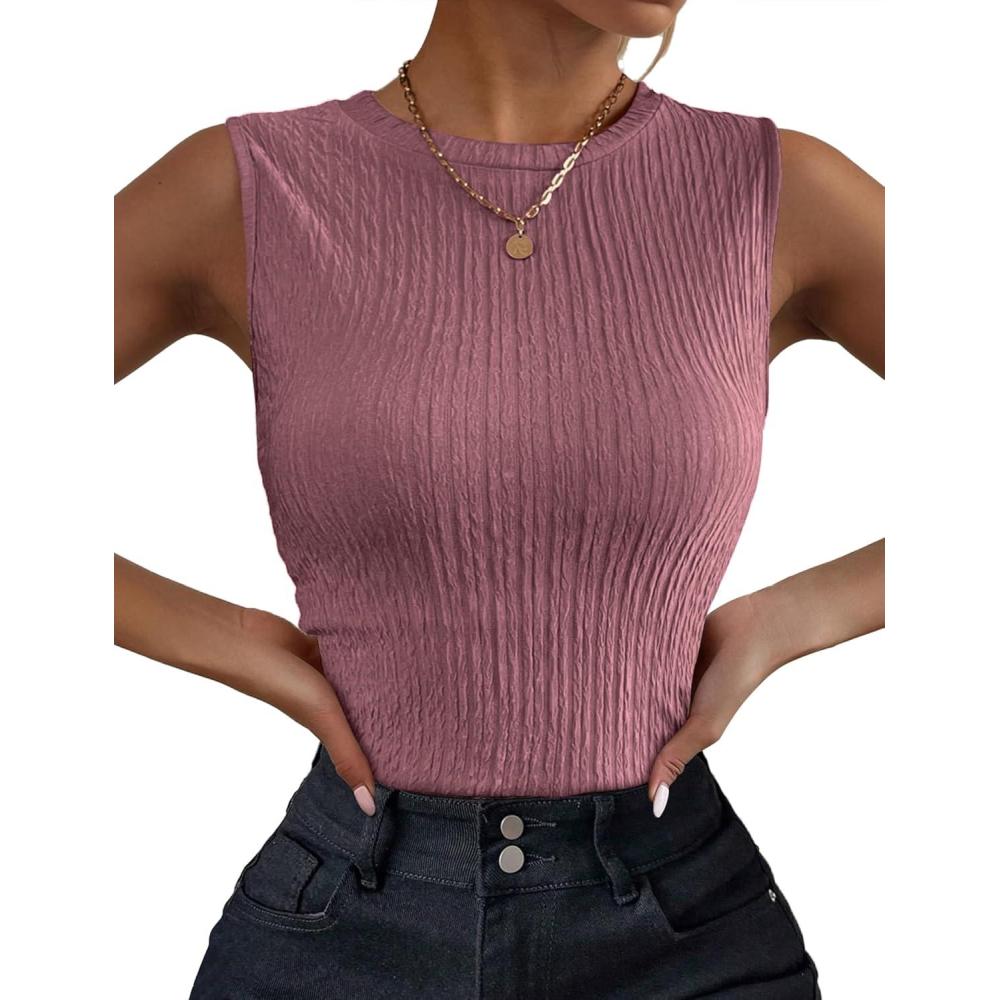 imageZeagoo Womens High Neck Tank Top 2026 Summer Casual Ribbed Knit Slim Fitted Basic Textured Sleeveless ShirtsRed Bean Paste