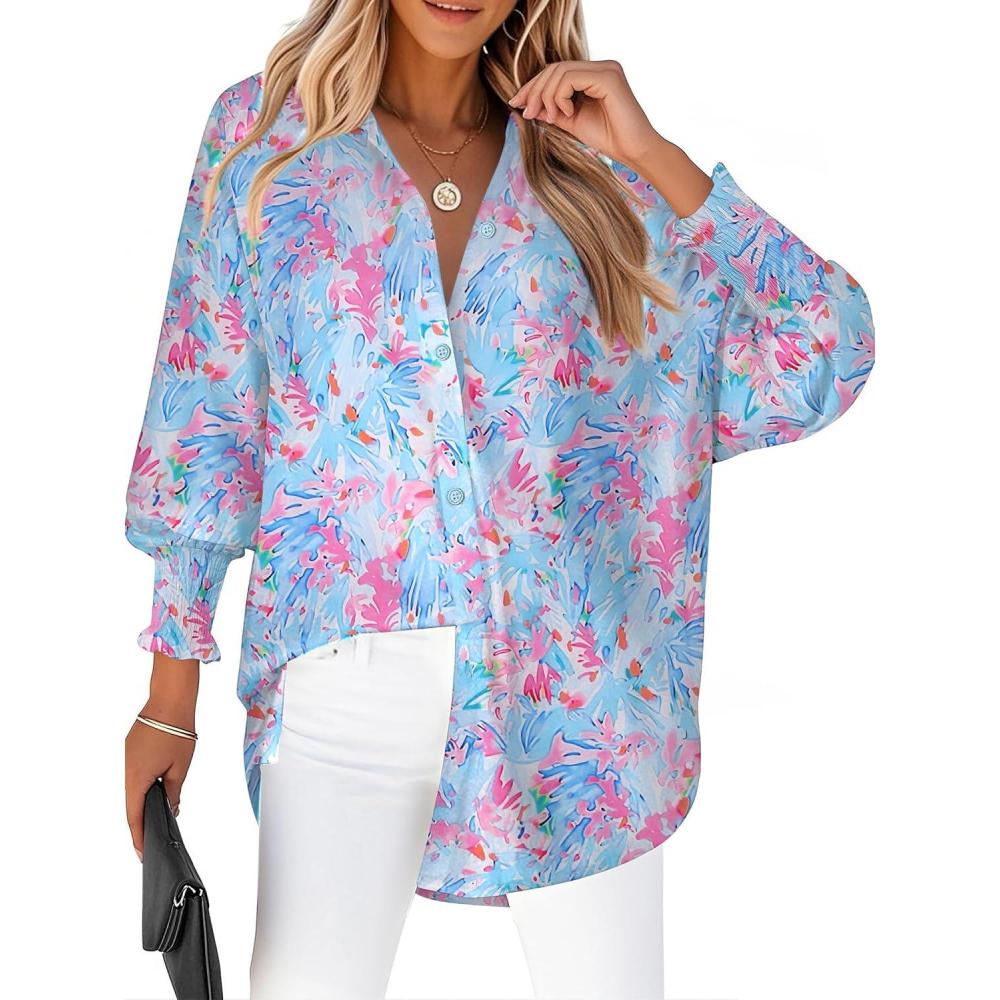 imageZeagoo Womens Loose Fit Striped Lantern Long Sleeve Button Down ShirtBblue Leaf