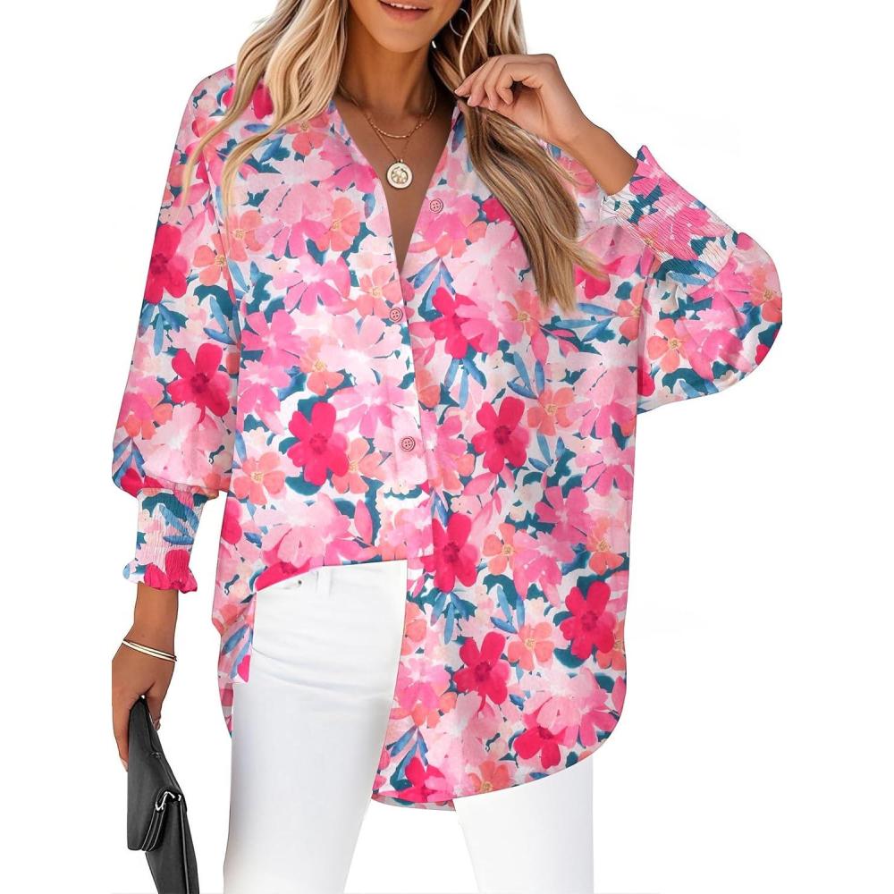 imageZeagoo Womens Loose Fit Striped Lantern Long Sleeve Button Down ShirtBfloral Pink