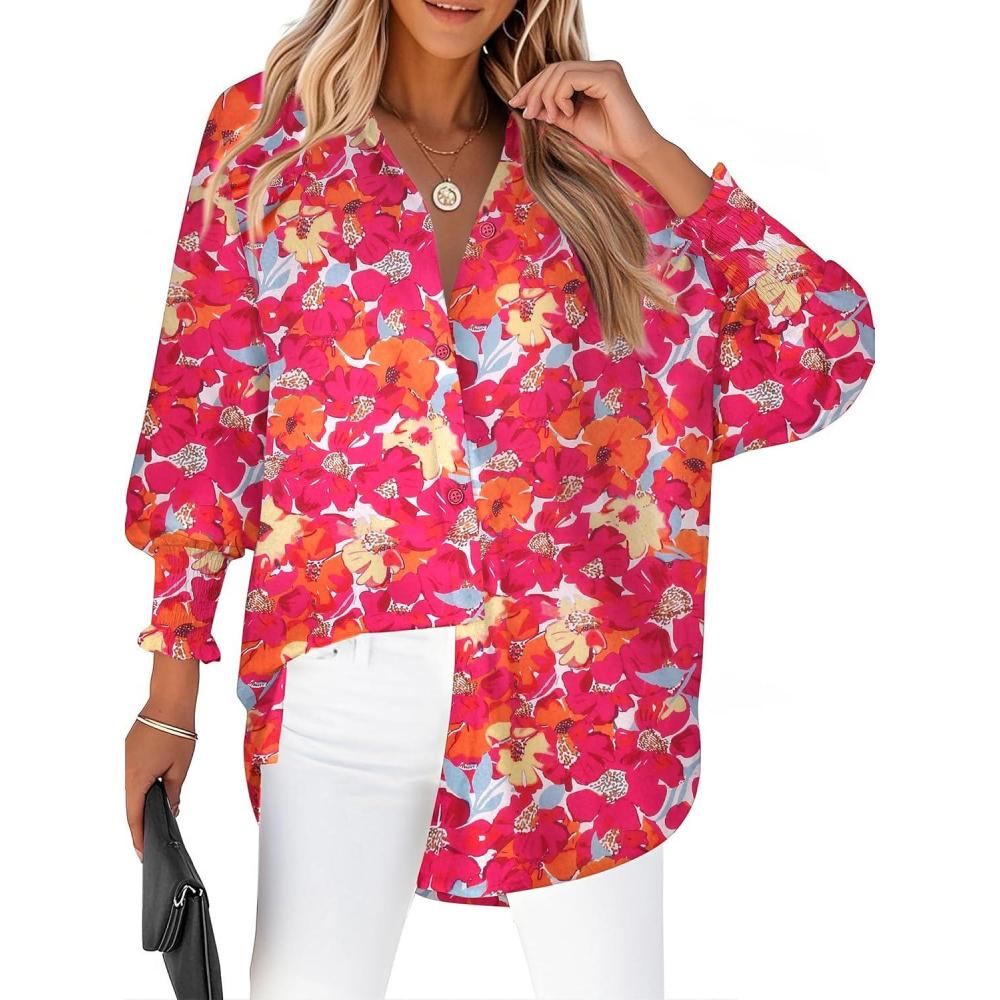 imageZeagoo Womens Loose Fit Striped Lantern Long Sleeve Button Down ShirtBfloral Red