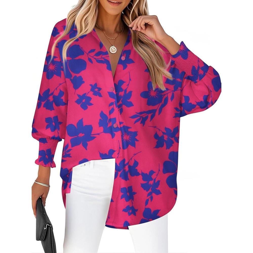 imageZeagoo Womens Loose Fit Striped Lantern Long Sleeve Button Down ShirtBpink Blue