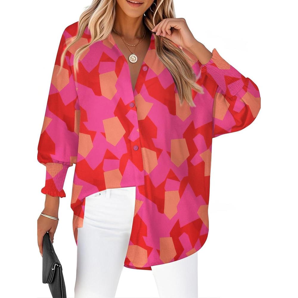 imageZeagoo Womens Loose Fit Striped Lantern Long Sleeve Button Down ShirtBpink Red