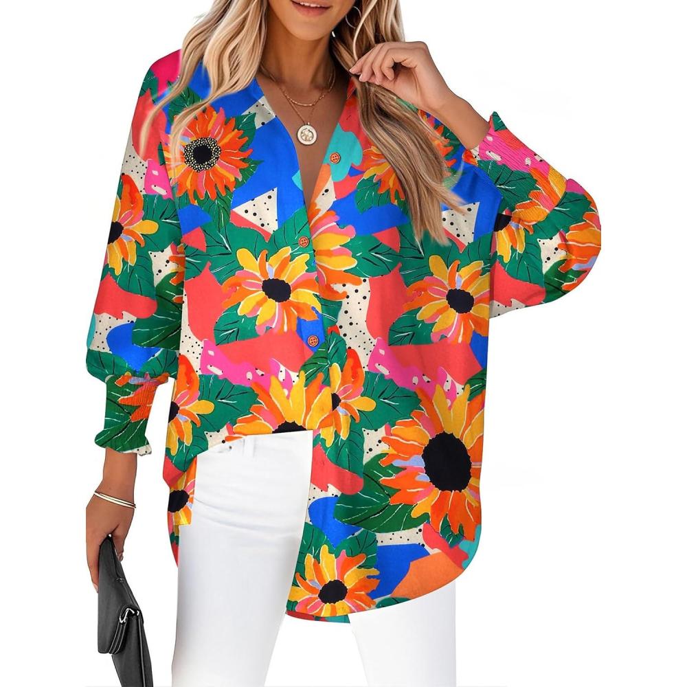 imageZeagoo Womens Loose Fit Striped Lantern Long Sleeve Button Down ShirtBsunflower