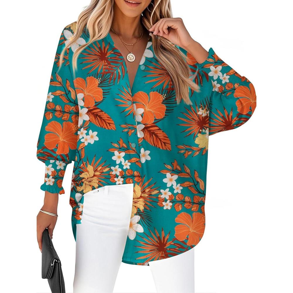 imageZeagoo Womens Loose Fit Striped Lantern Long Sleeve Button Down ShirtBvintage Floral