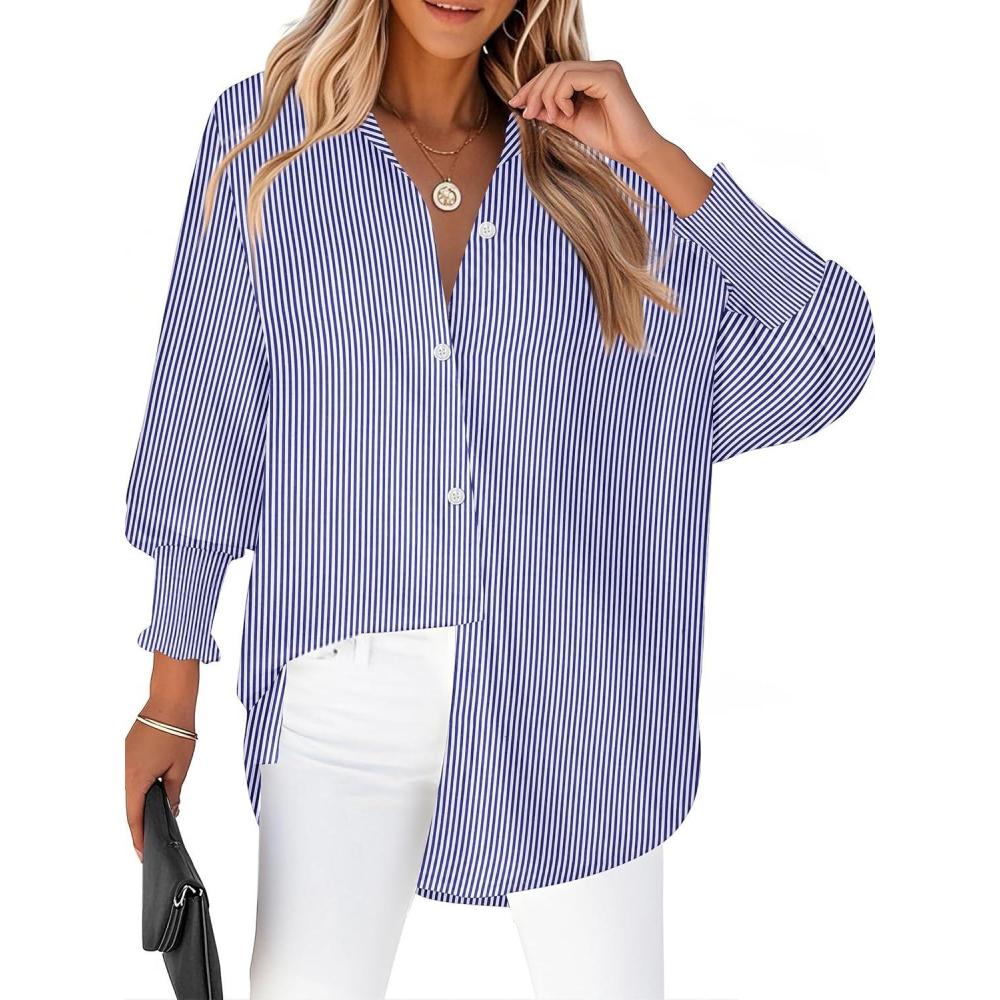 imageZeagoo Womens Loose Fit Striped Lantern Long Sleeve Button Down ShirtCdark Blue Stripe
