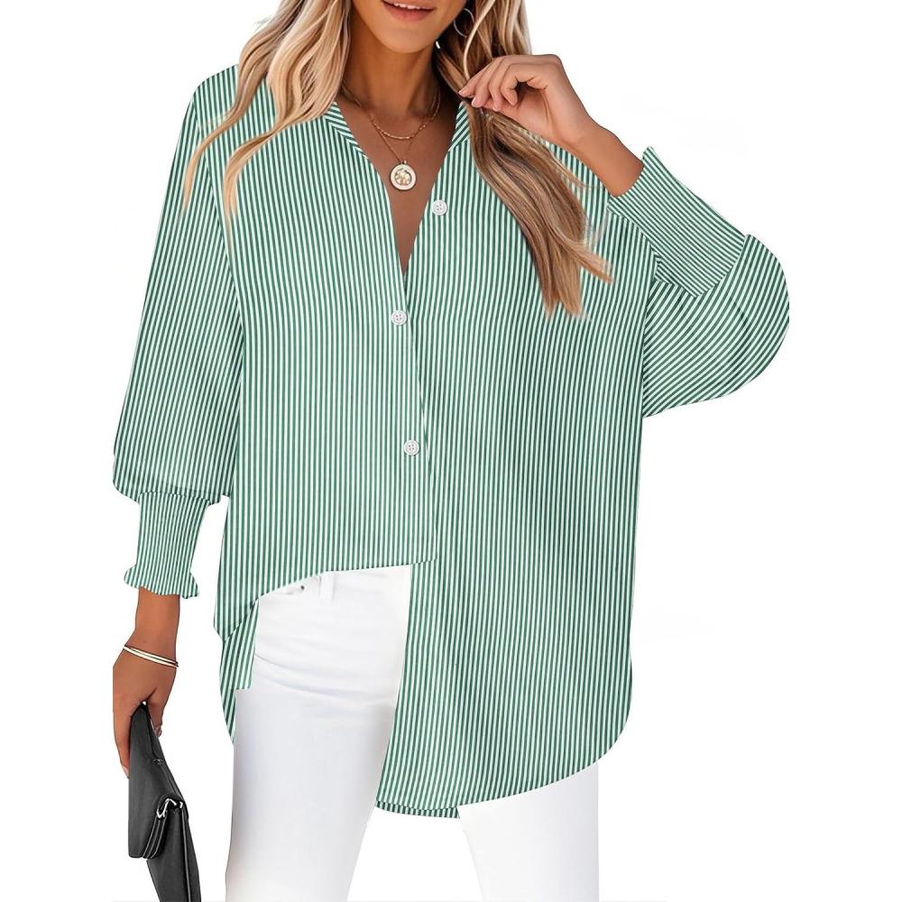 imageZeagoo Womens Loose Fit Striped Lantern Long Sleeve Button Down ShirtCgreen Stripe