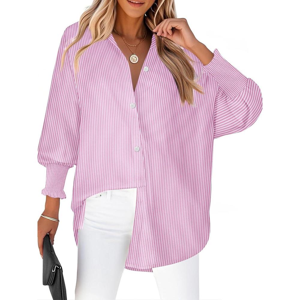 imageZeagoo Womens Loose Fit Striped Lantern Long Sleeve Button Down ShirtCpink Stripe