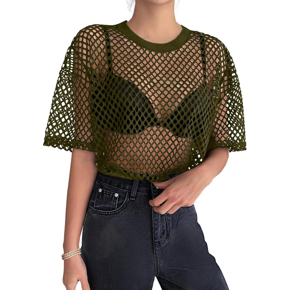 imageZeagoo Womens Mesh T Shirts Short Sleeve Casual Tops Hollow Out Pullover Shirts Crewneck Sexy Fishnet Crop Tee SXXLDark Green