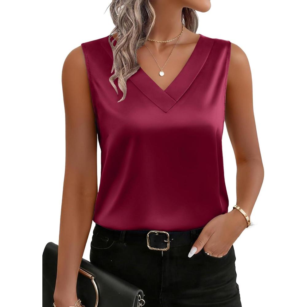 imageZeagoo Womens Silk Satin Tank Tops V Neck Casual Camisoles Sleeveless Business Work Blouses Dressy Summer ShirtsWine Red