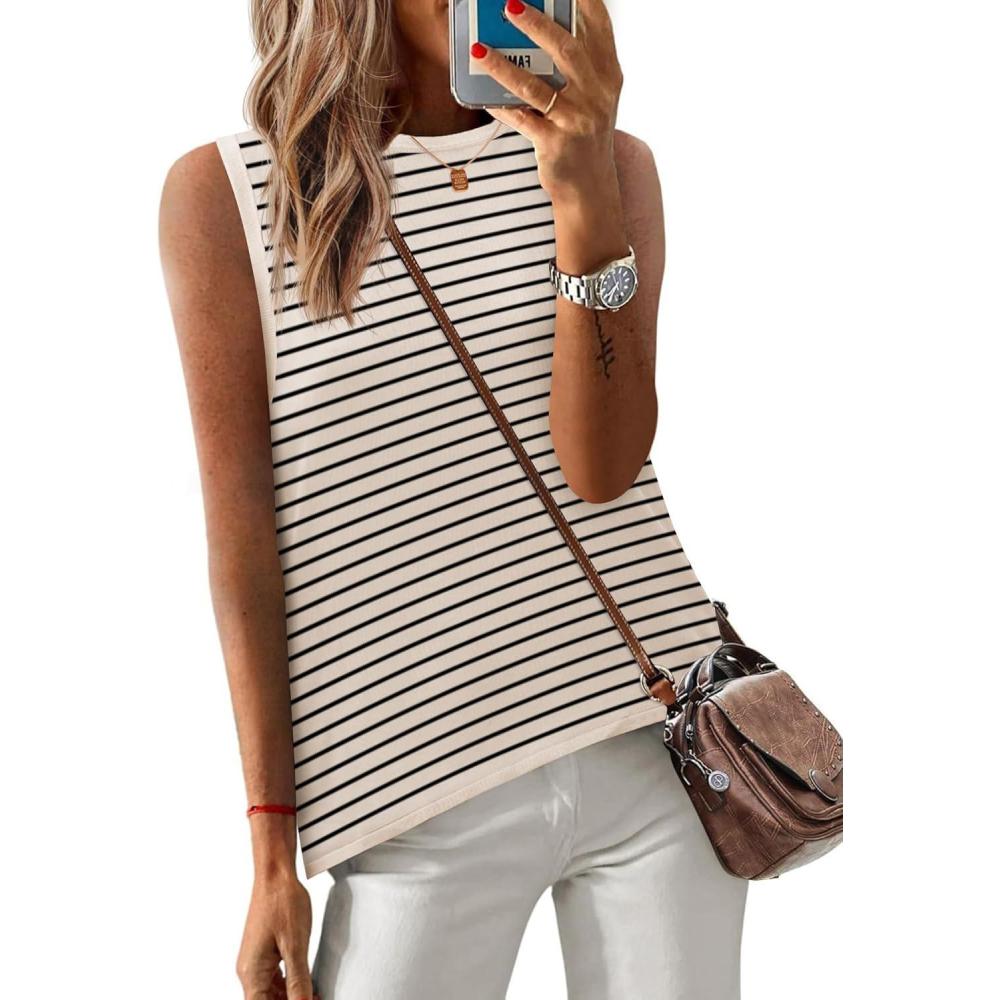 imageZeagoo Womens Sleeveless Sweater Vest Crewneck Knit Loose Sweater Tank Tops Lightweight Shirts Blouses 2026Stripe Beige