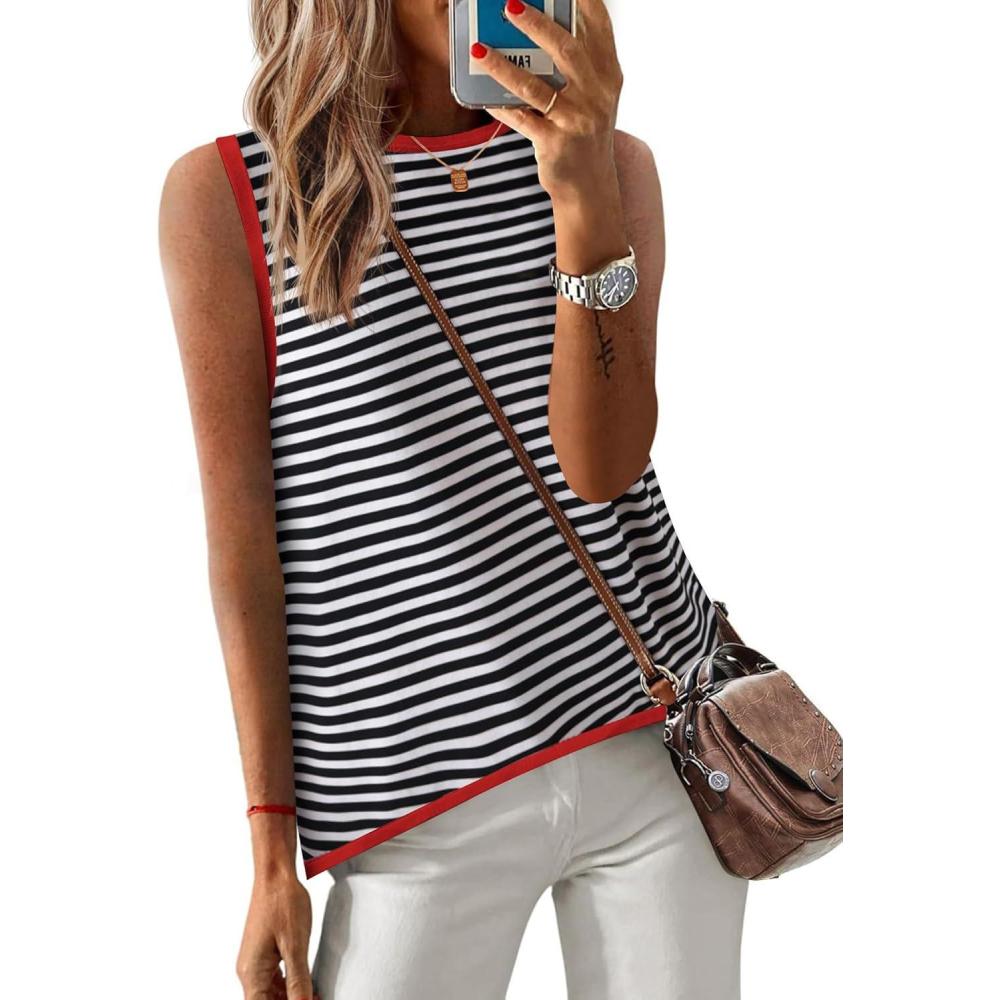 imageZeagoo Womens Sleeveless Sweater Vest Crewneck Knit Loose Sweater Tank Tops Lightweight Shirts Blouses 2026Stripe Red Black