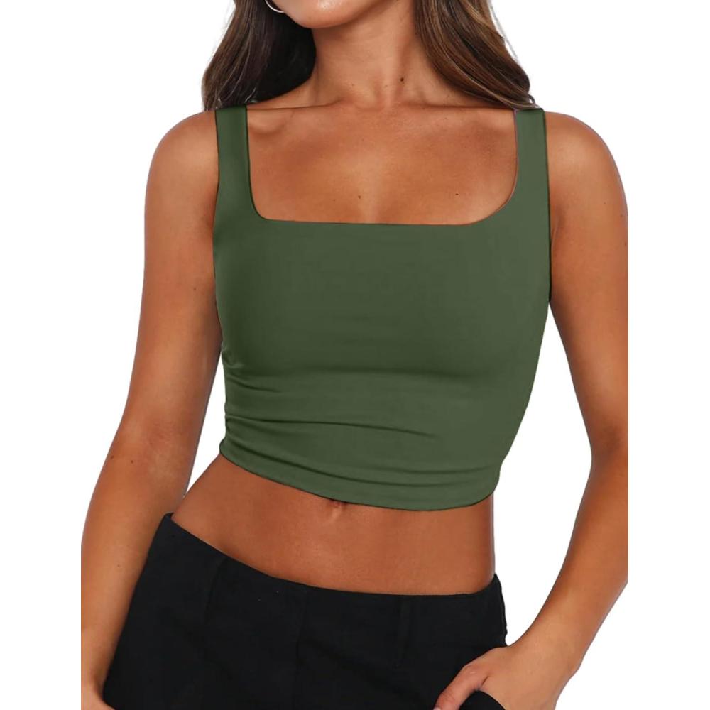 imageZeagoo Womens Square Neck Sleeveless Crop Tops 2026 Cute Double Layer Casual Slim Fit Trendy Tank TopsArmy Green