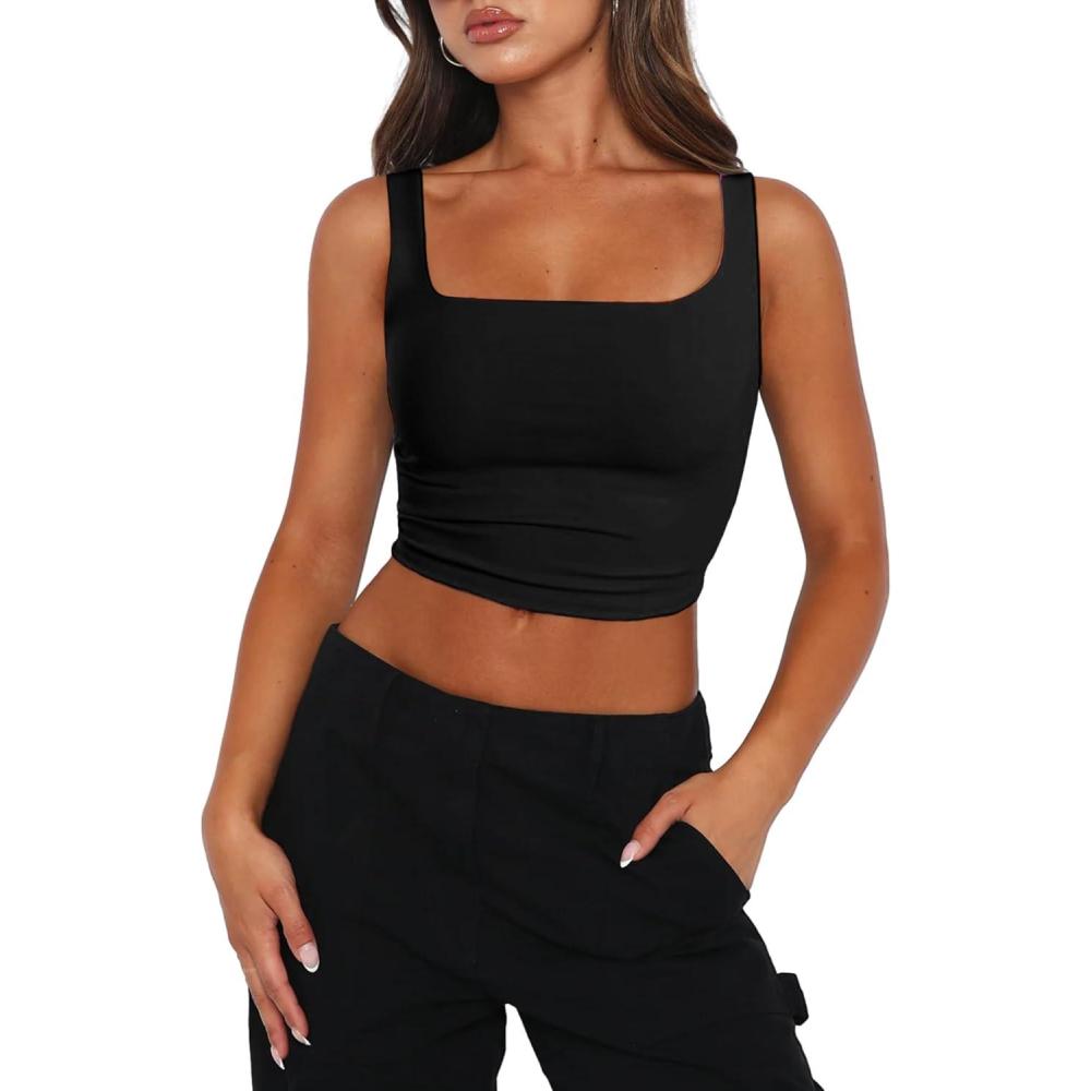 imageZeagoo Womens Square Neck Sleeveless Crop Tops 2026 Cute Double Layer Casual Slim Fit Trendy Tank TopsBlack