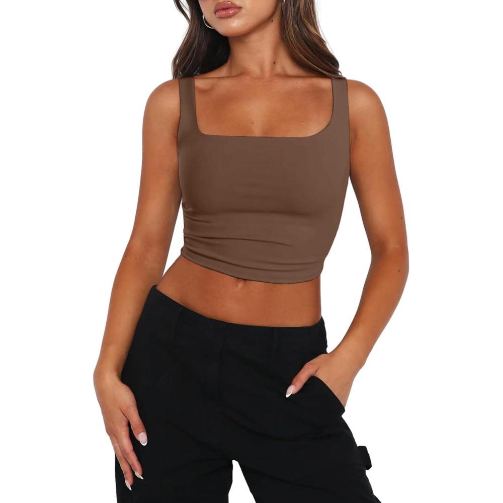 imageZeagoo Womens Square Neck Sleeveless Crop Tops 2026 Cute Double Layer Casual Slim Fit Trendy Tank TopsBrown