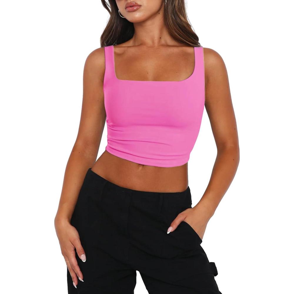 imageZeagoo Womens Square Neck Sleeveless Crop Tops 2026 Cute Double Layer Casual Slim Fit Trendy Tank TopsFluo Pink