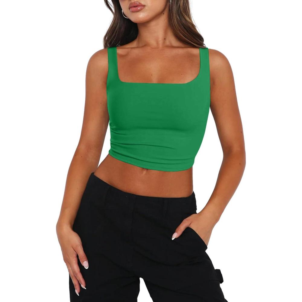 imageZeagoo Womens Square Neck Sleeveless Crop Tops 2026 Cute Double Layer Casual Slim Fit Trendy Tank TopsGreen