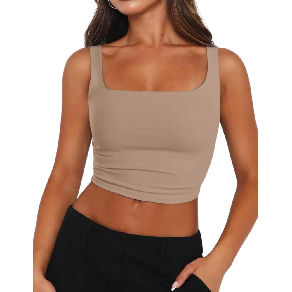 imageZeagoo Womens Square Neck Sleeveless Crop Tops 2026 Cute Double Layer Casual Slim Fit Trendy Tank TopsKhaki