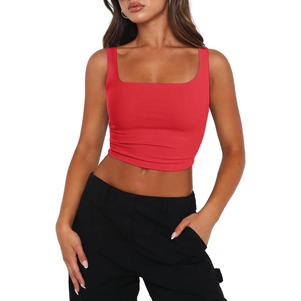 imageZeagoo Womens Square Neck Sleeveless Crop Tops 2026 Cute Double Layer Casual Slim Fit Trendy Tank TopsRed