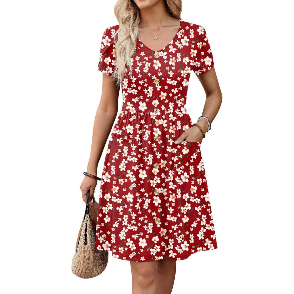imageZeagoo Womens Summer Dress Mini Petal Short Sleeve Dresses Pleated Button Down V Neck Floral Beach Swing Vacation Dress 202601floral Red White