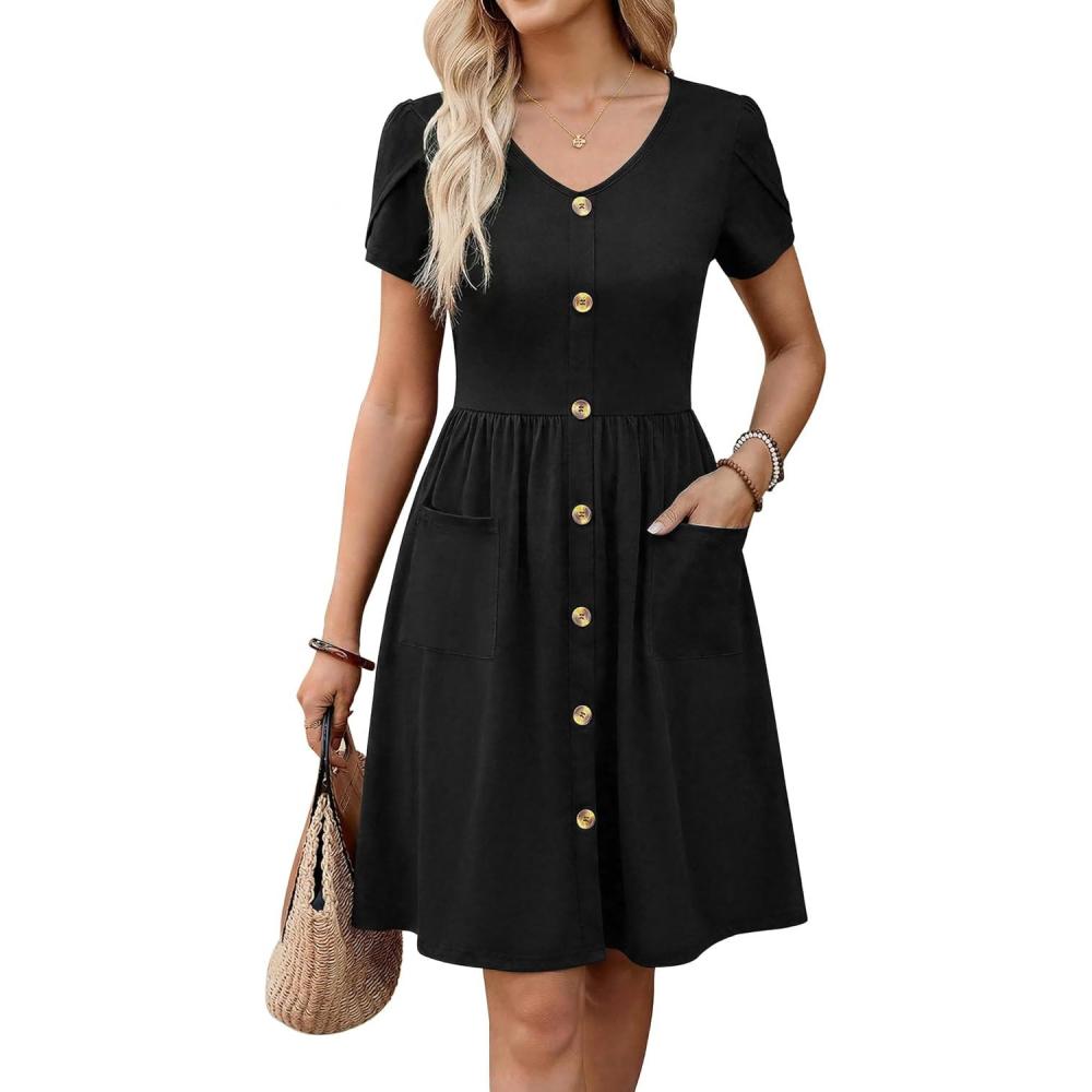 imageZeagoo Womens Summer Dress Mini Petal Short Sleeve Dresses Pleated Button Down V Neck Floral Beach Swing Vacation Dress 2026Black